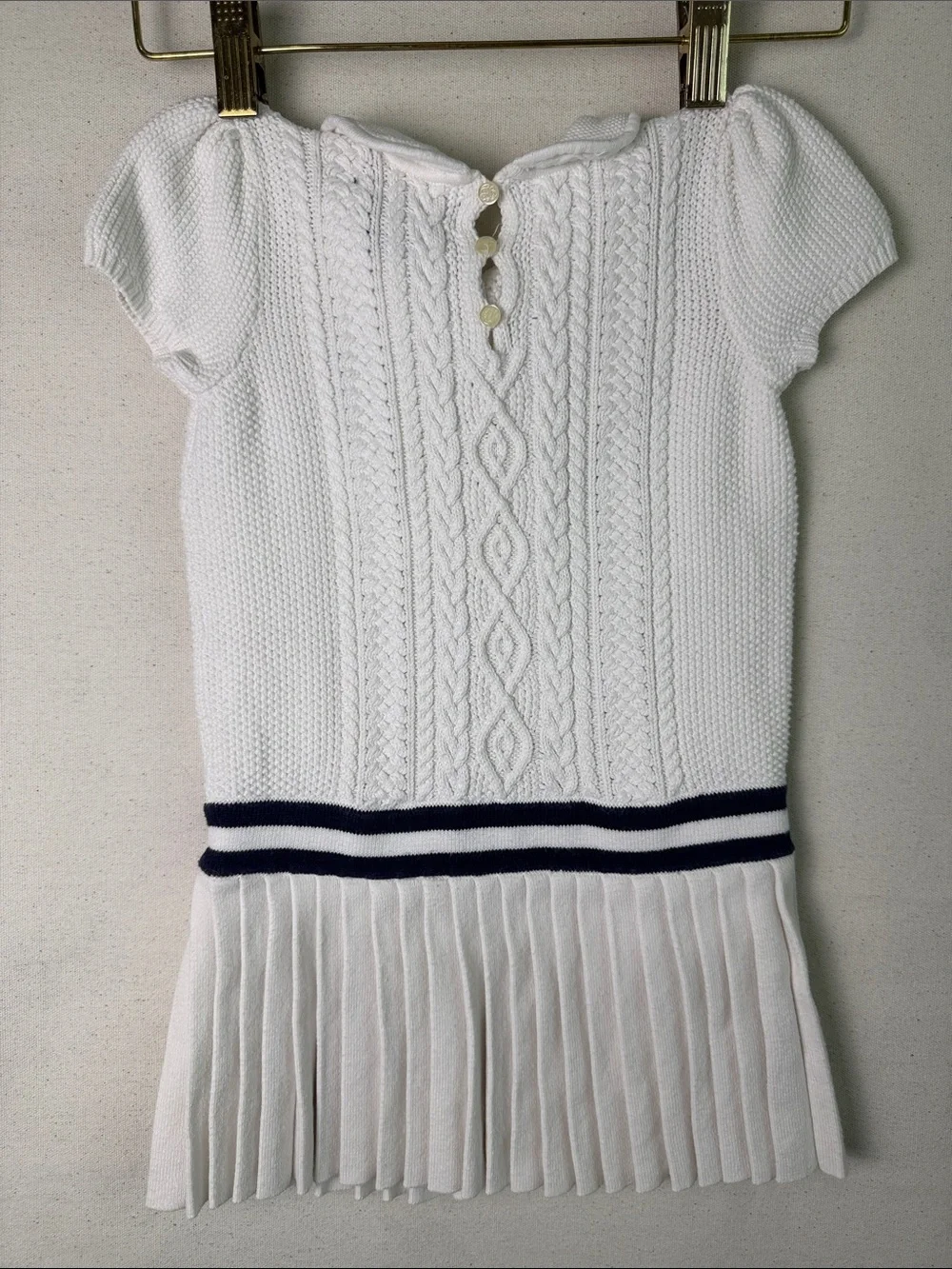 Baby Girl Ralph Lauren White Cable Knit Polo Dress with Navy Stripes